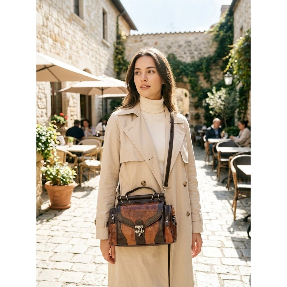 Vintage MC Marc Chantal Patchwork Leather Satchel Crossbody Brown Doctor Bag